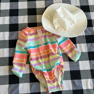 Colorful Striped Baby Swimsuit with White Sun Hat
